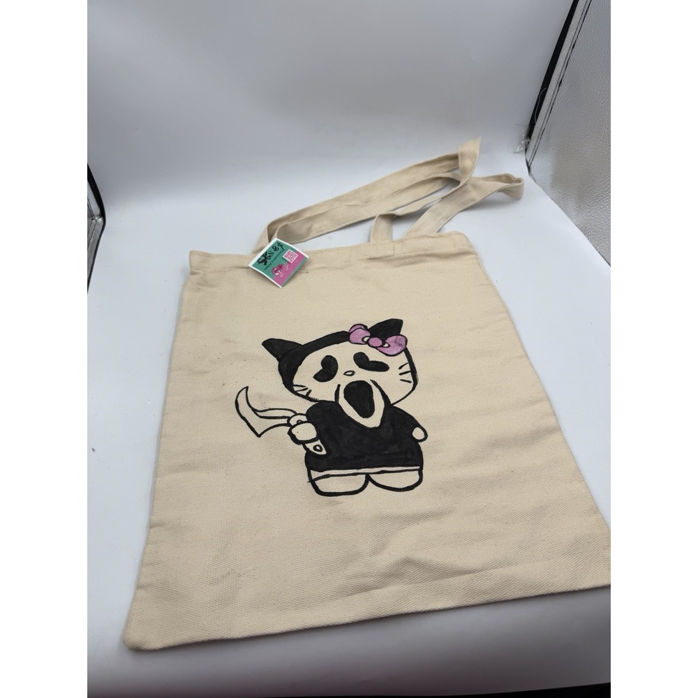 Hand Painted Scream New Tote Bag "HELLO KITTY" Canvas Bag 13x15.5in